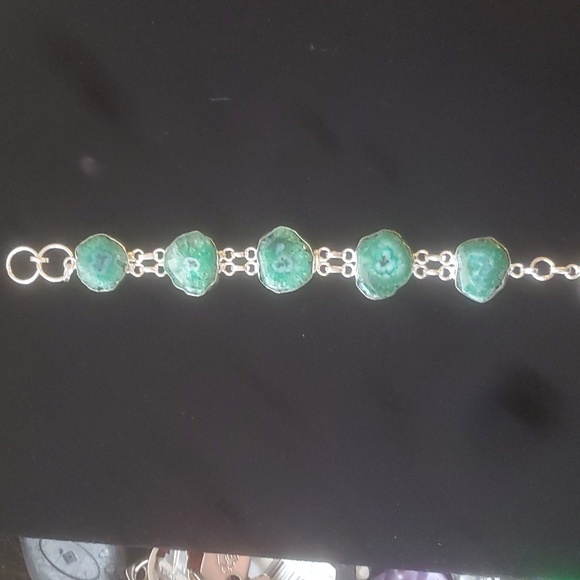 New Green Solar Slice Agate 925 Silver Bracelet. - Picture 10 of 12